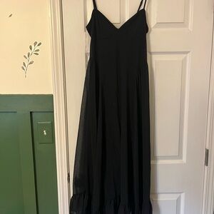 Black Spaghetti-Strap Midi Dress with ruffled a-line